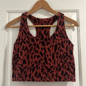 PACT stretch crop tank in animal print - burnt orange/brown and black, S
